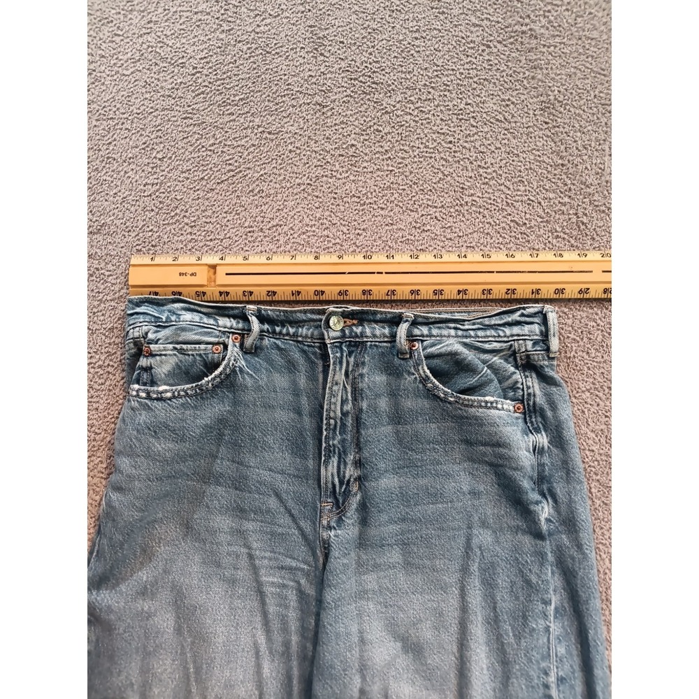 American Eagle Super High Rise Baggy Wide Leg Jeans 14R Distressed Raw Hem - Picture 3 of 11